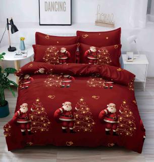 Lenjerie pat de Craciun cu elastic,pat dublu,bumbac finet,6 piese,rosie cu Mos Craciun-A925