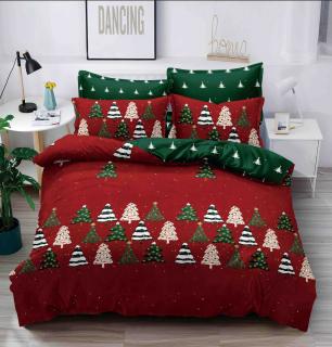 Lenjerie pat de Craciun cu elastic,pat dublu,bumbac finet,6 piese,rosu verde cu brazi-A620