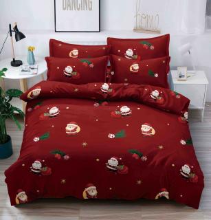 Lenjerie pat de Craciun cu elastic,pat dublu,bumbac finet,6 piese,visinie cu Mos Craciun-A924
