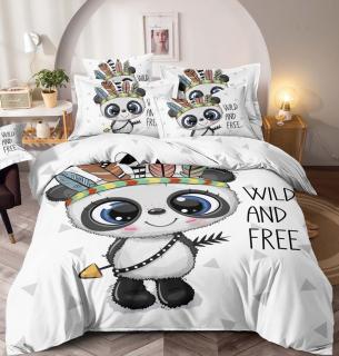 Lenjerie pat dublu 3D,bumbac finet,6 piese,cearceaf de pat normal,alba,imprimeu cu Indian Panda-A1031