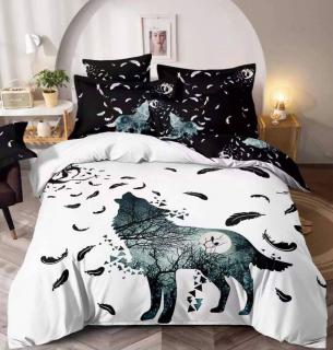 Lenjerie pat dublu 3D,bumbac finet,6 piese,cearceaf de pat normal,alba neagra,imprimeu cu lupi-A1025