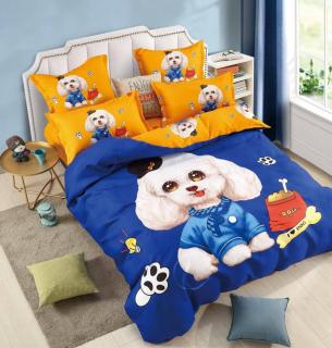 Lenjerie pat dublu 3D,bumbac finet,6 piese,cearceaf de pat normal,albastra galbena,imprimeu cu catel-A1023
