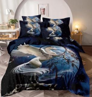 Lenjerie pat dublu 3D,bumbac finet,6 piese,cearceaf de pat normal,bleumarin neagra,cal inorog-A1030