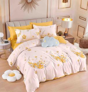 Lenjerie pat dublu,bumbac finet,6 piese,cearceaf cu elastic,alb  galbena cu stelute-A896
