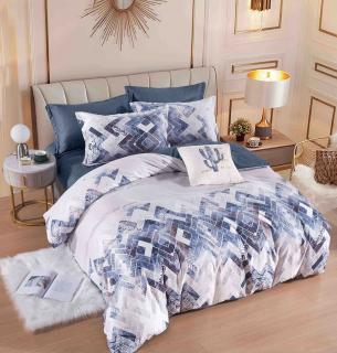 Lenjerie pat dublu,bumbac finet,6 piese,cearceaf cu elastic,alb  gri cu romburi-A897