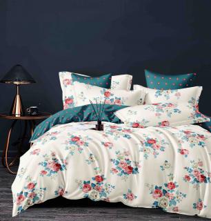 Lenjerie pat dublu,bumbac finet,6 piese,cearceaf cu elastic,alba bleumarin cu flori-A975