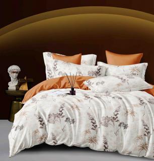 Lenjerie pat dublu,bumbac finet,6 piese,cearceaf cu elastic,alba caramiziu cu flori-A972