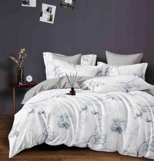 Lenjerie pat dublu,bumbac finet,6 piese,cearceaf cu elastic,alba gri cu flori-A976