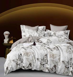 Lenjerie pat dublu,bumbac finet,6 piese,cearceaf cu elastic,alba gri cu fluturi-A968