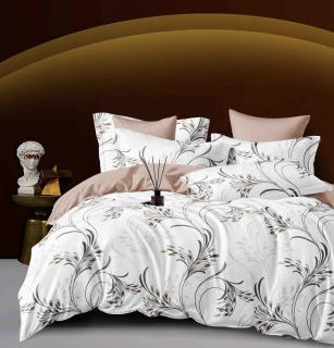 Lenjerie pat dublu,bumbac finet,6 piese,cearceaf cu elastic,alba maro cu flori-A971