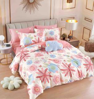 Lenjerie pat dublu,bumbac finet,6 piese,cearceaf cu elastic,alba roz cu floricele-A899