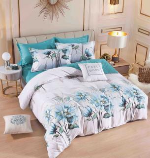 Lenjerie pat dublu,bumbac finet,6 piese,cearceaf cu elastic,alba  turcoaz cu flori-A895
