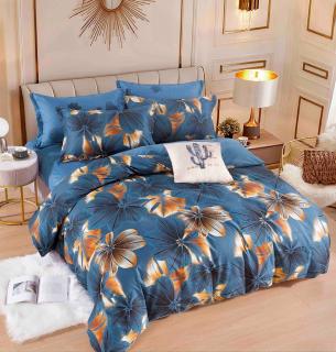 Lenjerie pat dublu,bumbac finet,6 piese,cearceaf cu elastic,albastra cu flori aurii-A898