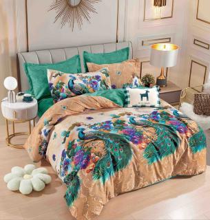 Lenjerie pat dublu,bumbac finet,6 piese,cearceaf cu elastic,verde maro cu pauni-A904
