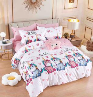 Lenjerie pat single,bumbac finet,4 piese,cearceaf normal,alba cu inorogi-A947
