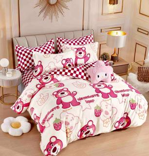 Lenjerie pat single,bumbac finet,4 piese,cearceaf normal,alba cu ursuleti mov-A943