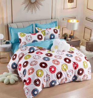 Lenjerie pat single,bumbac finet,4 piese,cearceaf normal,alba,Donuts-A949