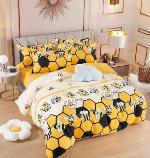 Lenjerie pat single,bumbac finet,4 piese,cearceaf normal,alba galbena cu albinute-A948