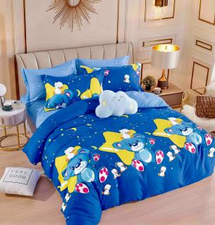 Lenjerie pat single,bumbac finet,4 piese,cearceaf normal,albastra cu ursuleti-A944