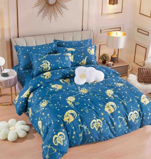 Lenjerie pat single,bumbac finet,4 piese,cearceaf normal,albastra cu zodiac-A945