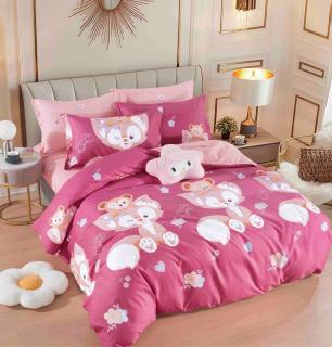 Lenjerie pat single,bumbac finet,4 piese,cearceaf normal,roz cu pisicute-A946