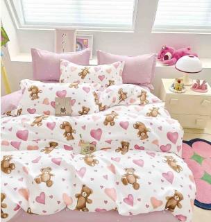 Lenjerie pat single,bumbac finet,4 piese,cearceaf normal,roz,ursuleti-A1054