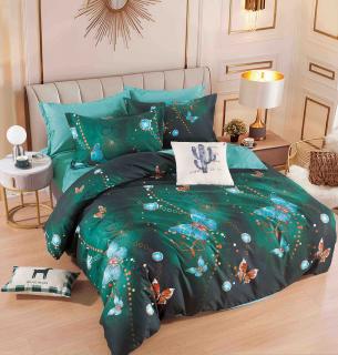 Lenjerie pat single,bumbac finet,4 piese,cearceaf normal,verde,fluturi-A1049