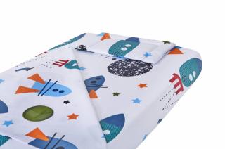 Lenjerie patut bebe, SomnART, cearceaf pat 60x120x10 cu elastic, cearceaf pilota 80x110, perna joasa 20x35, Rachete