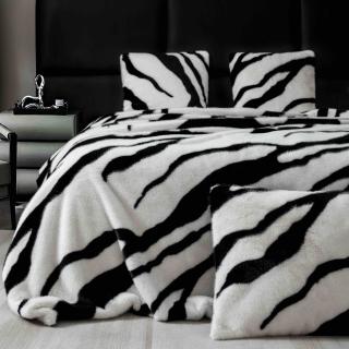 Patura de lux cu fermoar din blana artificala de nurca 200x230cm+2 fete de perna 50x50cm,alba cu negru-F053
