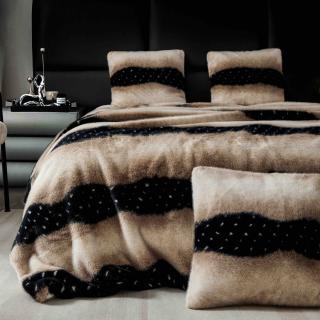 Patura de lux cu fermoar din blana artificala de nurca 200x230cm+2 fete de perna 50x50cm,bej cu negru-F055