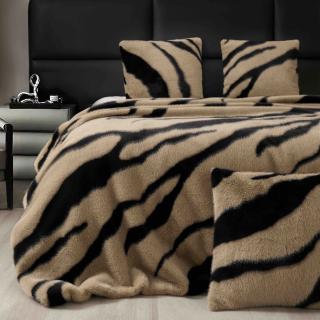 Patura de lux cu fermoar din blana artificala de nurca 200x230cm+2 fete de perna 50x50cm,bej cu negru, imprimeu cu leopard-F058