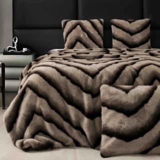 Patura de lux cu fermoar din blana artificala de nurca 200x230cm+2 fete de perna 50x50cm,maro cu negru-F054