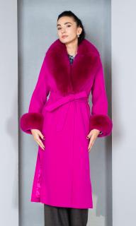 Palton cu blana naturala si lana casmir Elaine fucsia