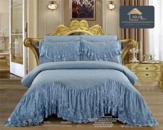 Cuvertura De Pat Dublu, 3 Piese, Finet Premium, Cu Volanase si Broderie - Bleu