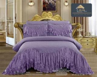 Cuvertura De Pat Dublu, 3 Piese, Finet Premium, Cu Volanase si Broderie - Mov