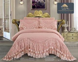 Cuvertura De Pat Dublu, 3 Piese, Finet Premium, Cu Volanase si Broderie - Roz Pudra