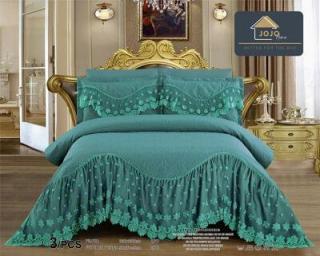 Cuvertura De Pat Dublu, 3 Piese, Finet Premium, Cu Volanase si Broderie - Turcoaz