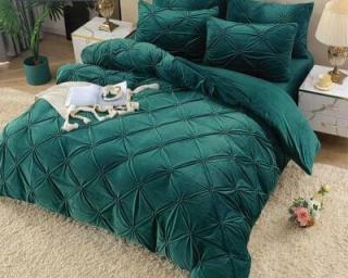 Lenjerie De Pat, 4 Piese, Catifea, Inimi Brodate - Verde