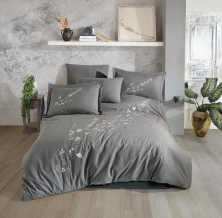 Lenjerie de Pat Bumbac Poplin 2 Persoane - Broderie Vera Gri