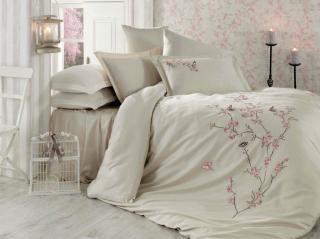 Lenjerie De Pat Premium, Bumbac 100%,  6 piese, Butterfly, Bej