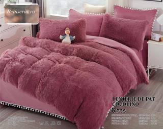 Lenjerie De Pat Pufoasa, 6 Piese, FLUFFY -  Roz cu Ciucuri