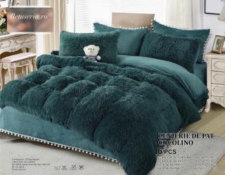 Lenjerie De Pat Pufoasa, 6 Piese, FLUFFY -  Verde Inchis cu Ciucuri