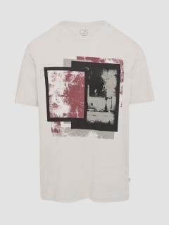 Tricou barbati cu imprimeu abstract in partea din fata, Crem