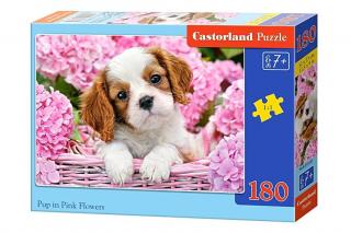 Puzzle 180 piese Pup in Pink Flowers 18185