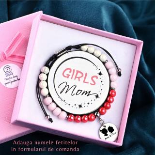 Bratara pentru Mama de doua Fetite - Girls Mom - Personalizabila cu Nume, din Margele de Portelan