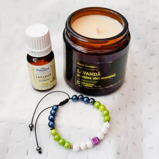 Cadou de casa noua - Pachet de Relaxare - Bratara Aromaterapie - Lumanare Parfumata si Ulei Esential Lavanda Fleurane