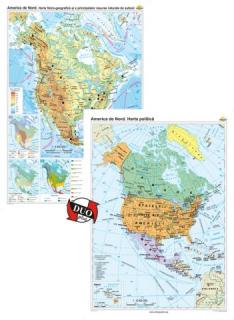 America de Nord: Harta fizico-geografica si a principalelor resurse naturale de subsol + America de Nord: Harta politica - DUO PLUS