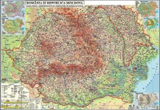 Romania si Republica Moldova. Harta fizica, administrativa si a substantelor minerale utile