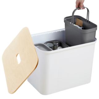 Cos de gunoi triplu Collect SmartStore, pentru colectare selectiva a deseurilor, cu 3 galeti interioare din plastic, capac lemn, alb, 76L, 57x38x42 cm