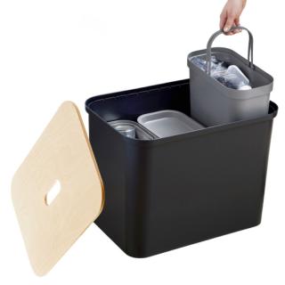 Cos de gunoi, triplu, Collect SmartStore, pentru colectare selectiva a deseurilor, cu 3 galeti interioare din plastic, capac lemn, negru, 76L, 57x38x42 cm